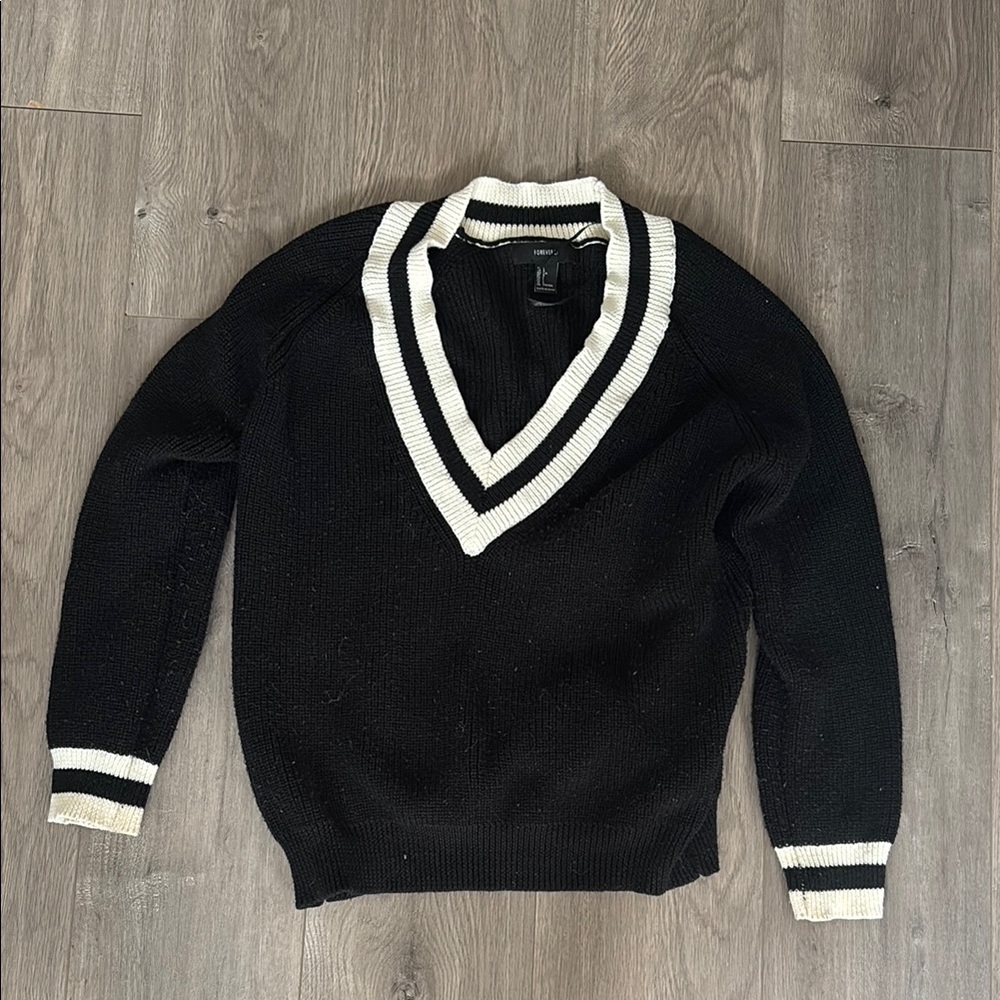 Black and White V-Neck Women's Sweater